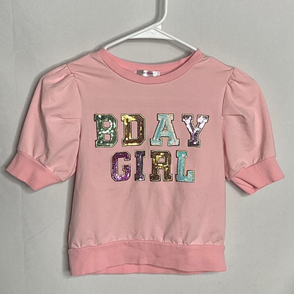 Lulu Bebe Sequins Puff Sleeves Pink 'BDAY GIRL' Kids Tee